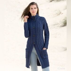 WoolOvers | Pure Wool Aran Cable Knit Coatigan in Blue Size S Small